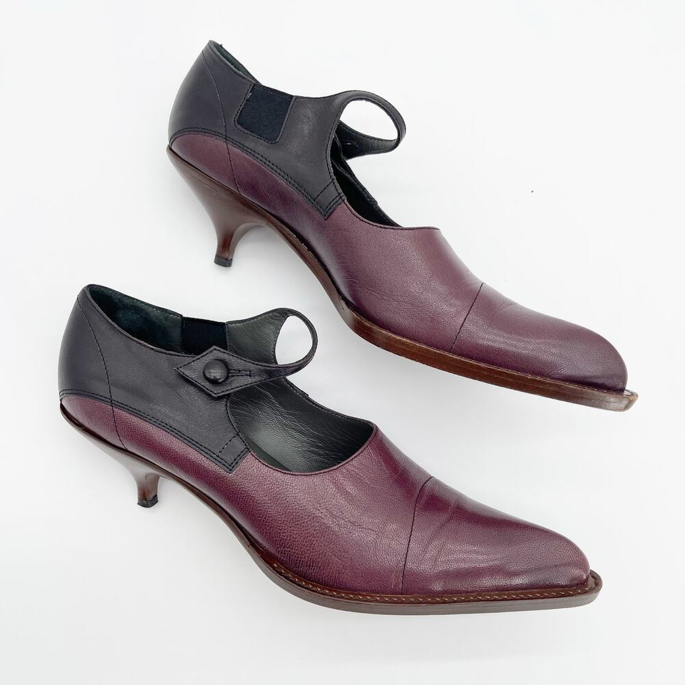 Miu Miu 90s Vintage Burgundy Black Leather Mary Jane Kitten Heel Pumps IT 37.5 - Picture 3 of 11